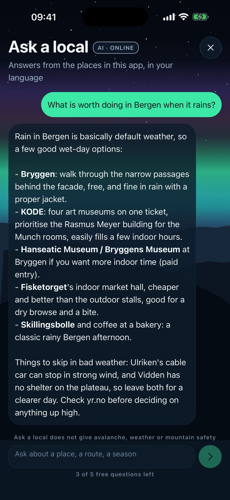 Ask a local, marked AI · online: a question about Bergen in the rain, answered with places from the app