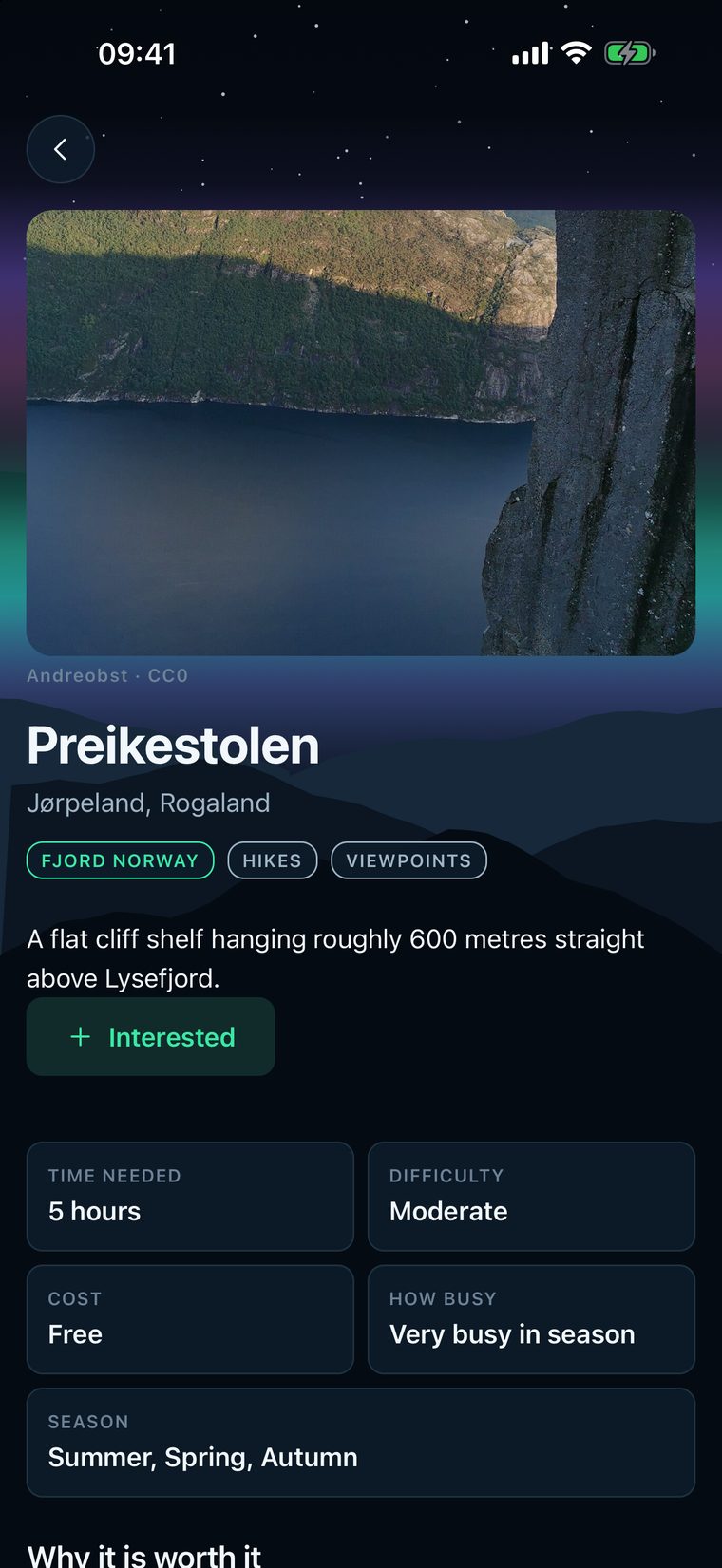 A place page for Preikestolen with photo, region, time needed, difficulty, cost, how busy it gets and season