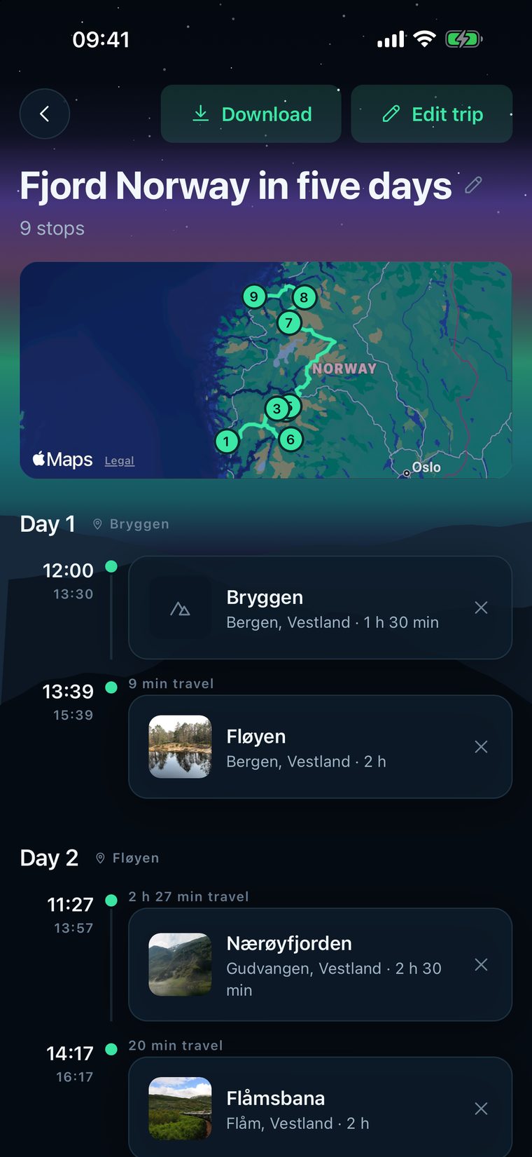 The trip Fjord Norway in five days, with a route map and each day's stops, times and travel time between them